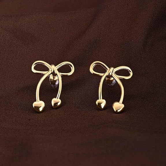 Unique Gold Bow & Heart Drop Earrings for Women - Gold Plated, Waterproof & Anti Tarnish Earrings | Gift For Women & Girls | Durable, Lightweight, & Comfortable Jewellery for Women