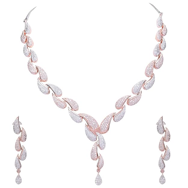 American Diamond CZ Rose Gold Plated Designer Jewellery Set/Necklace Set with Chain & Earring for Girls/Women
