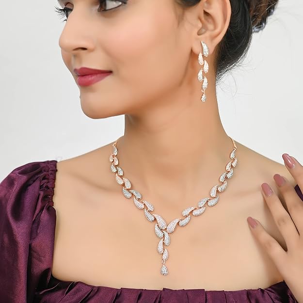 American Diamond CZ Rose Gold Plated Designer Jewellery Set/Necklace Set with Chain & Earring for Girls/Women