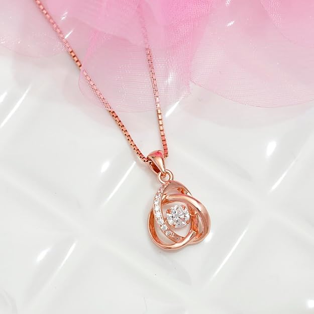 Sterling Silver Rose Gold Plated Chain Necklace With Cubic Zirconia CZ Interlinked Knot Pendant for Women | Gift for Women & Girls