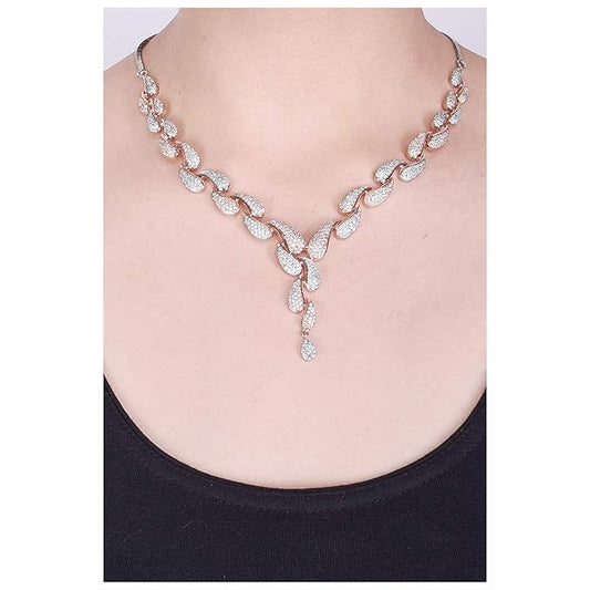 American Diamond CZ Rose Gold Plated Designer Jewellery Set/Necklace Set with Chain & Earring for Girls/Women