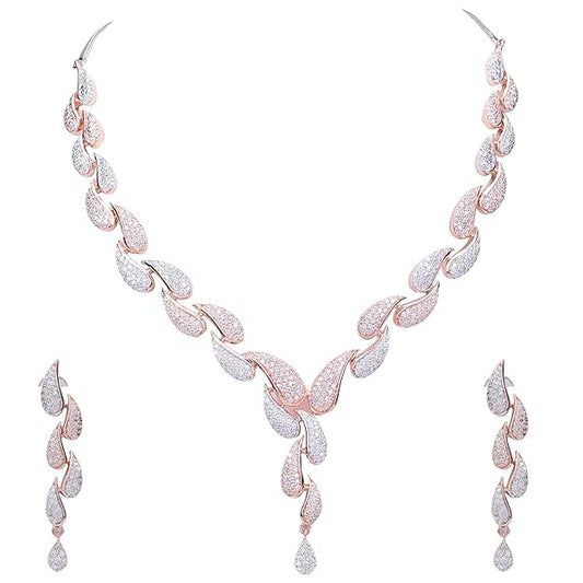 American Diamond CZ Rose Gold Plated Designer Jewellery Set/Necklace Set with Chain & Earring for Girls/Women